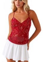 Camiseta de lantejoulas, calbática, feminina, strass, decote em V, vermelha Camiseta de lantejoulas, calbática, feminina, strass, decote em V, vermelha