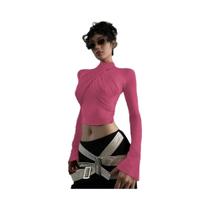 Camiseta de Malha Vermelha com Gola Alta e Manga Comprida - Moda Primavera Hugcitar