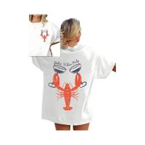 Camiseta De Manga Curta Com Estampa De Lagosta E Taça De Vinho, Casual, Versátil, Para Uso Diário De Camiseta De Manga Curta Com Estampa De Lagosta E Taça De Vinho, Casual, Versátil, Para Uso Diário De