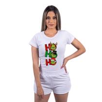 Camiseta de Natal Feminina Hohoho The Grinch Manga Curta Baby Look - Preto e Branco