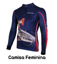 Camiseta de Pesca Feminina Camisa Pescador Pirarara Nortrek Com Proteção Solar UV50+ Ziper E Gola