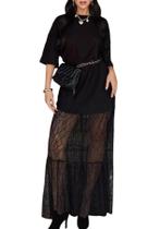 Camiseta de renda Maxi Dress Famnbro, gola redonda, manga curta, feminina Camiseta de renda Maxi Dress Famnbro, gola redonda, manga curta, feminina