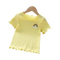 Camiseta De Verão Para Meninas Com Bordado E Detalhes Em Renda, Tecido De Seda Gelada, Manga Curta, Camiseta De Verão Para Meninas Com Bordado E Detalhes Em Renda, Tecido De Seda Gelada, Manga Curta,