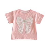 Camiseta De Verão Para Meninas Com Laço De Pérola E Manga Curta, Top Versátil E Fofo Para Passeios