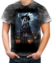 Camiseta Desgaste Bruxa Caveira Halloween 18