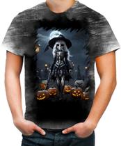 Camiseta Desgaste Bruxa Caveira Halloween 19