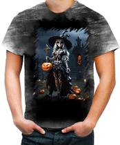 Camiseta Desgaste Bruxa Caveira Halloween 20 Camiseta Desgaste Bruxa Caveira Halloween 20