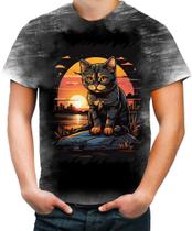 Camiseta Desgaste Gatinho no Pôrdo Sol Sunset 12