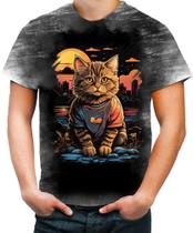 Camiseta Desgaste Gatinho no Pôrdo Sol Sunset 13