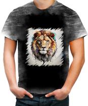 Camiseta Desgaste Leão Ilustrado Cromático Abstrato Rei 2