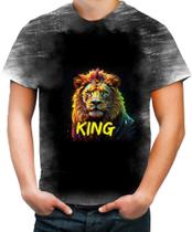 Camiseta Desgaste Leão Ilustrado Cromático Abstrato Rei 3