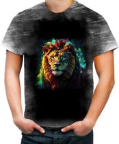 Camiseta Desgaste Leão Ilustrado Cromático Abstrato Rei 4