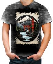 Camiseta Desgaste Paisagem Oriental Portão Torii 17