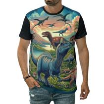 Camiseta Dinossauros Na Floresta Várias Espécies Montanhas Camiseta Dinossauros Na Floresta Várias Espécies Montanhas