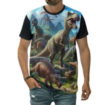 Camiseta Dinossauros Na Floresta Várias Espécies Paisagem