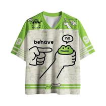 Camiseta Divertida De Sapo Com Bloco De Cores Verde E Branco, Decote Em V, Manga Curta Solta,