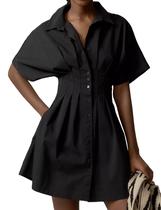 Camiseta Dsewpaur Button Front Plissada Listrada Feminina Preta