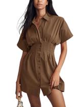 Camiseta Dsewpaur Button Front Plissado Listrado Marrom Feminino