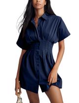 Camiseta Dsewpaur feminina com botões na frente, plissada, listrada, azul marinho
