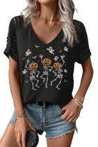 Camiseta Earlymemb Halloween Skeleton com decote em V e ombro frio Camiseta Earlymemb Halloween Skeleton com decote em V e ombro frio