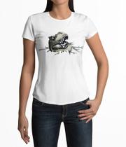 Camiseta ECF Feminina Dinossauro T-Rex surgindo do gelo Manga Curta Branca Poliester Tam GG