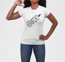 Camiseta ECF Feminina Guitarra Rock & Roll Manga Curta Branca Poliester Tam G