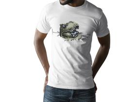 Camiseta ECF Masculina Dinossauro T-Rex surgindo do gelo Manga Curta Branca Poliester Tam GG