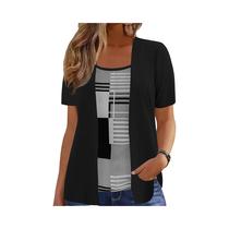 Camiseta Elegante plus Size Com Estampa Geométrica, Design De Patchwork Casual De Verão