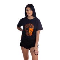 Camiseta em Algodão Penteado Skyfeet Caveira Laranja Neon