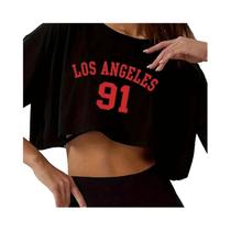 Camiseta Esportiva Feminina Los Angeles 91 Com Estampa Gráfica, Decote Redondo, Casual Para Corrida