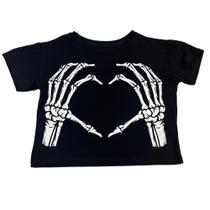 Camiseta Esqueleto Caveira Coração Emo Rock Blusa Cropped Baby Look Blusinha Feminina Sf544