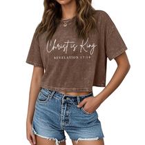 Camiseta estampada cristã vintage Crop Top KIEKIECOO Acid Wash