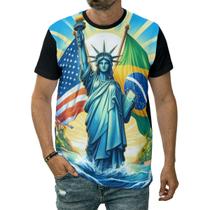 Camiseta Estátua Da Liberdade Bandeira Brasil Estados Unidos