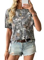Camiseta EVALESS de manga curta, gola redonda, estampa camuflada para mulheres