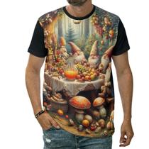 Camiseta Família De Gnomos Mesa De Frutas Na Floresta Arte