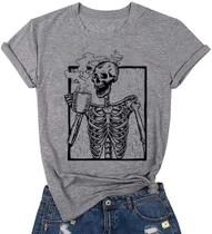 Camiseta FCDIED Hot Coffee Skeleton Halloween feminina cinza XXL Camiseta FCDIED Hot Coffee Skeleton Halloween feminina cinza XXL