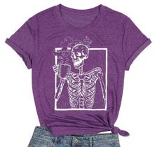 Camiseta FCDIED Hot Coffee Skeleton Halloween feminina roxa XL Camiseta FCDIED Hot Coffee Skeleton Halloween feminina roxa XL