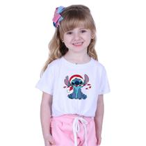 Camiseta Feliz Natal Lilo e Stitch Personalizado T-shirt Leve Unissex