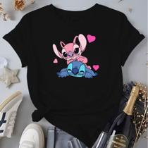 Camiseta Femenina Desenho Lilo E Stitch Com Angel Blusa 100%Algodão Camiseta Femenina Desenho Lilo E Stitch Com Angel Blusa 100%Algodão