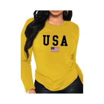 Camiseta Feminina 100% Algodão Manga Longa Com Estampa Da Bandeira Americana Moda Casual Primavera