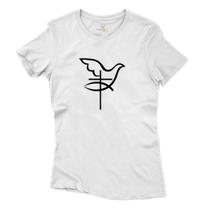 Camiseta Feminina Algodao Estampa Pomba da Paz Cruz Gola Redonda Basica Igreja Catolica