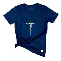 Camiseta Feminina Azul Jesus cruz aplique Camiseta Feminina Azul Jesus cruz aplique