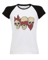 Camiseta Feminina Babylook Raglan Caveirinhas Cego, Surdo e Mudo - No Sense