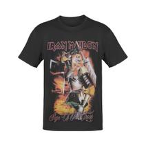 Camiseta Feminina Banda de Rock Iron Estampada Frente e Costas - 100% Algodão Camiseta Feminina Banda de Rock Iron Estampada Frente e Costas - 100% Algodão