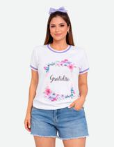 Camiseta Feminina Básica Estampada Aplicação 3D Gratidão Camiseta Feminina Básica Estampada Aplicação 3D Gratidão