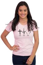 Camiseta Feminina Básica Evangélica Algodão Fé Esperança Amo