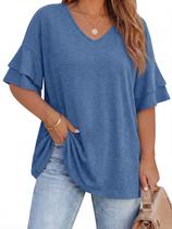 Camiseta feminina Beautife plus size com decote em V e manga com babados 2026 Camiseta feminina Beautife plus size com decote em V e manga com babados 2026