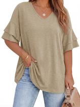 Camiseta feminina Beautife plus size com decote em V, manga curta, cáqui Camiseta feminina Beautife plus size com decote em V, manga curta, cáqui