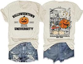 Camiseta feminina bege com estampa de abóbora da Universidade de Halloweentown Camiseta feminina bege com estampa de abóbora da Universidade de Halloweentown