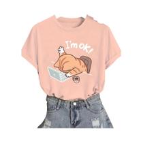 Camiseta Feminina Bege Com Estampa De Gato Fofo, Gola Redonda Casual E Manga Curta Com Design
